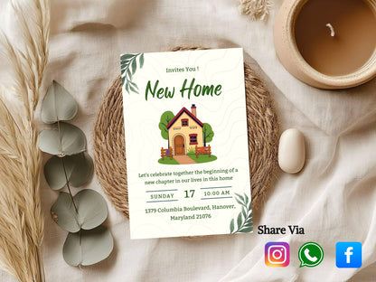 Floral Leaf Housewarming Card – Elegant Greenery New Home Invitation – Printable Template