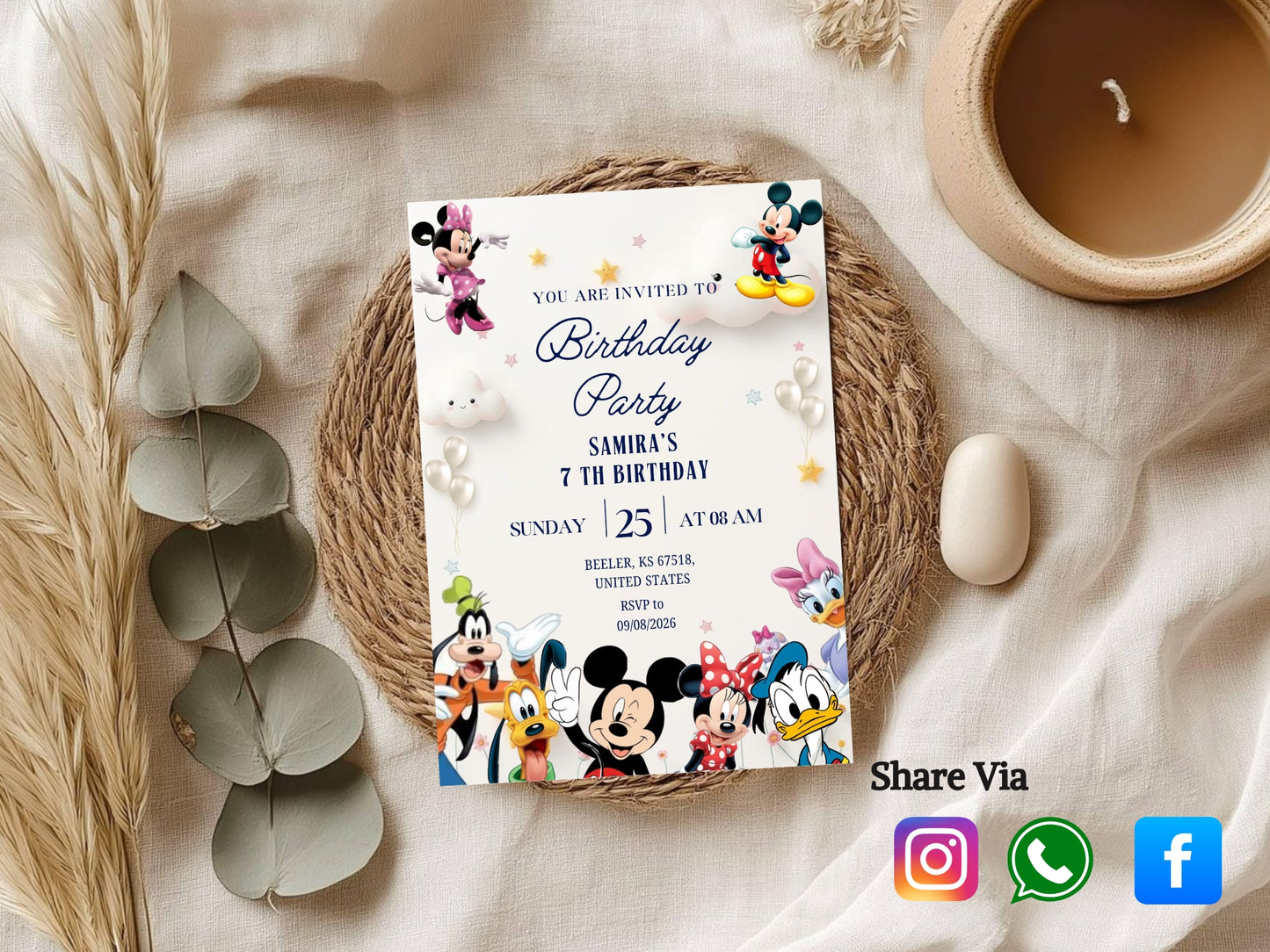 Mickey Mouse Birthday Invitation Card - Kids Cartoon Theme Party Invitation