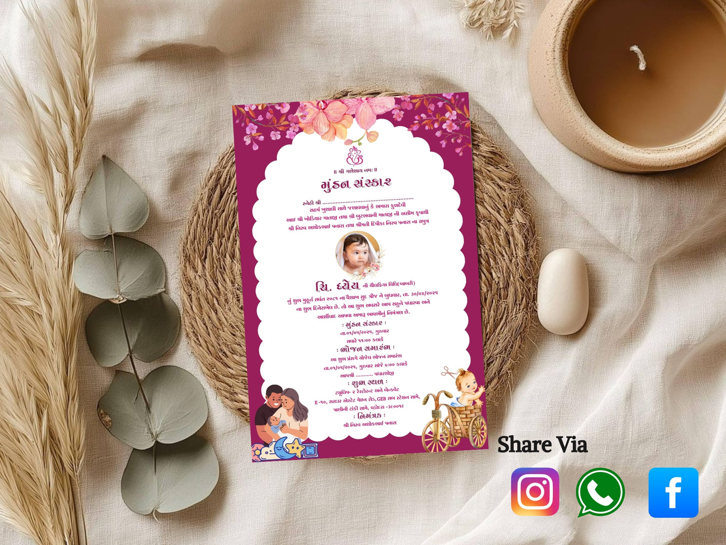 Beautiful Floral Theme Mundan Sanskar Invitation Card – First Haircut Ceremony Invite