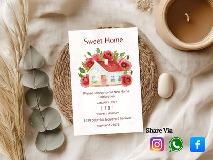 Elegant Red Flower New Home Card – Sophisticated Housewarming Invitation – Instant Download