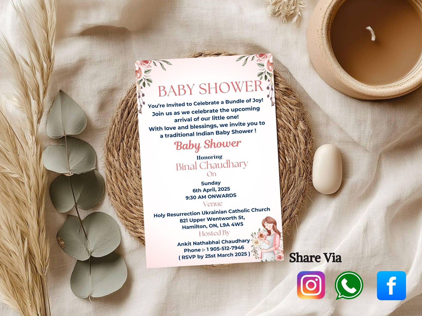 Simple Floral Baby Shower Invitation – Minimal Elegant Baby Shower Card – Printable Template