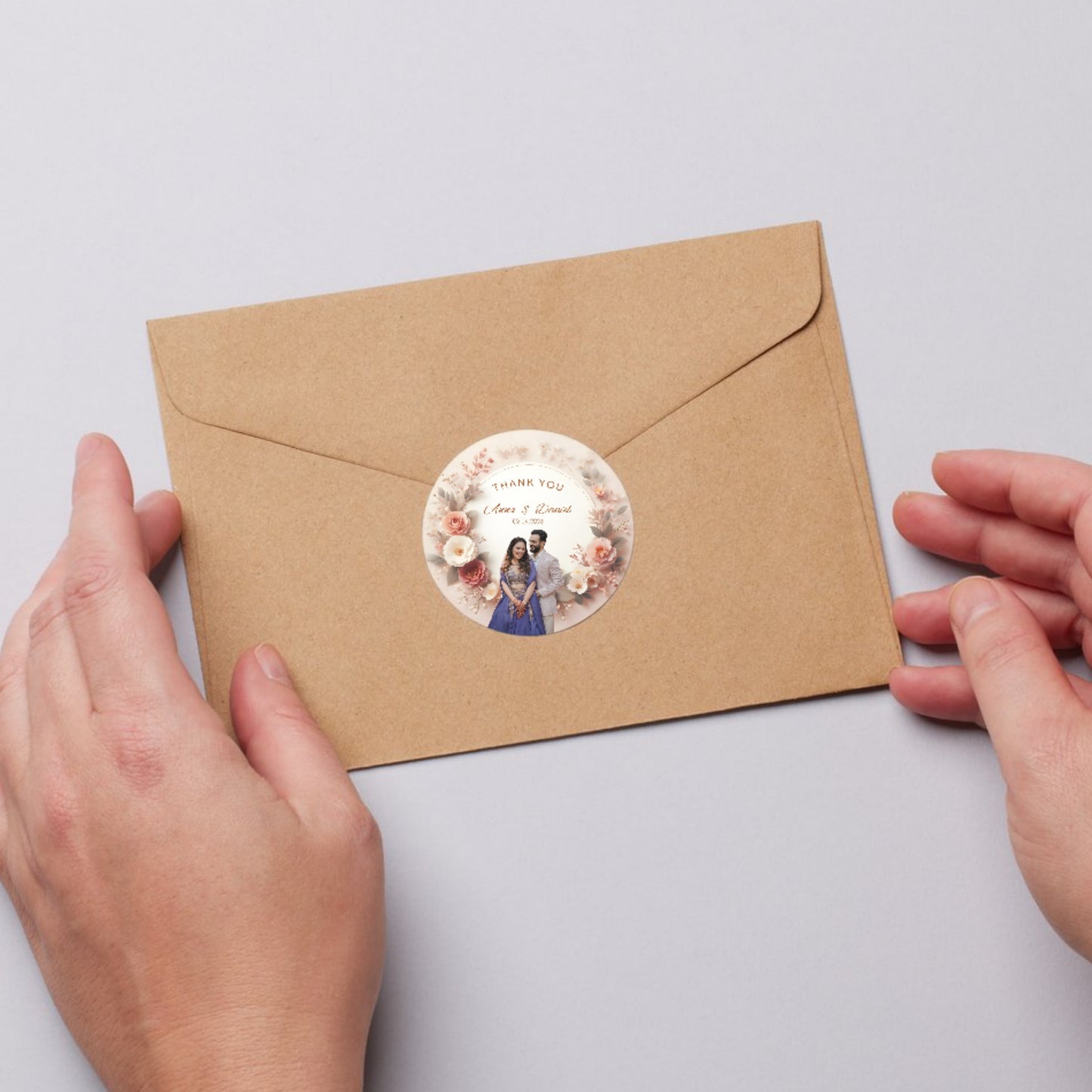 Golden Floral Wedding Thank You Stickers – Custom Name & Date Labels