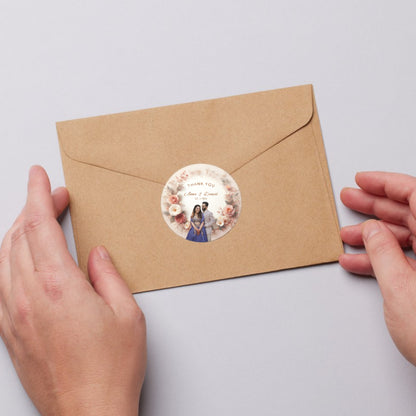 Golden Floral Wedding Thank You Stickers – Custom Name & Date Labels