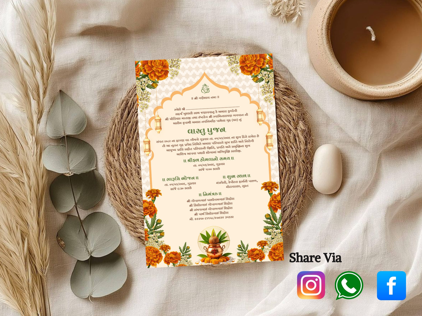 Floral Elegant Theme Vastu Pujan Invitation Card | Luxury Griha Pravesh Digital Invite