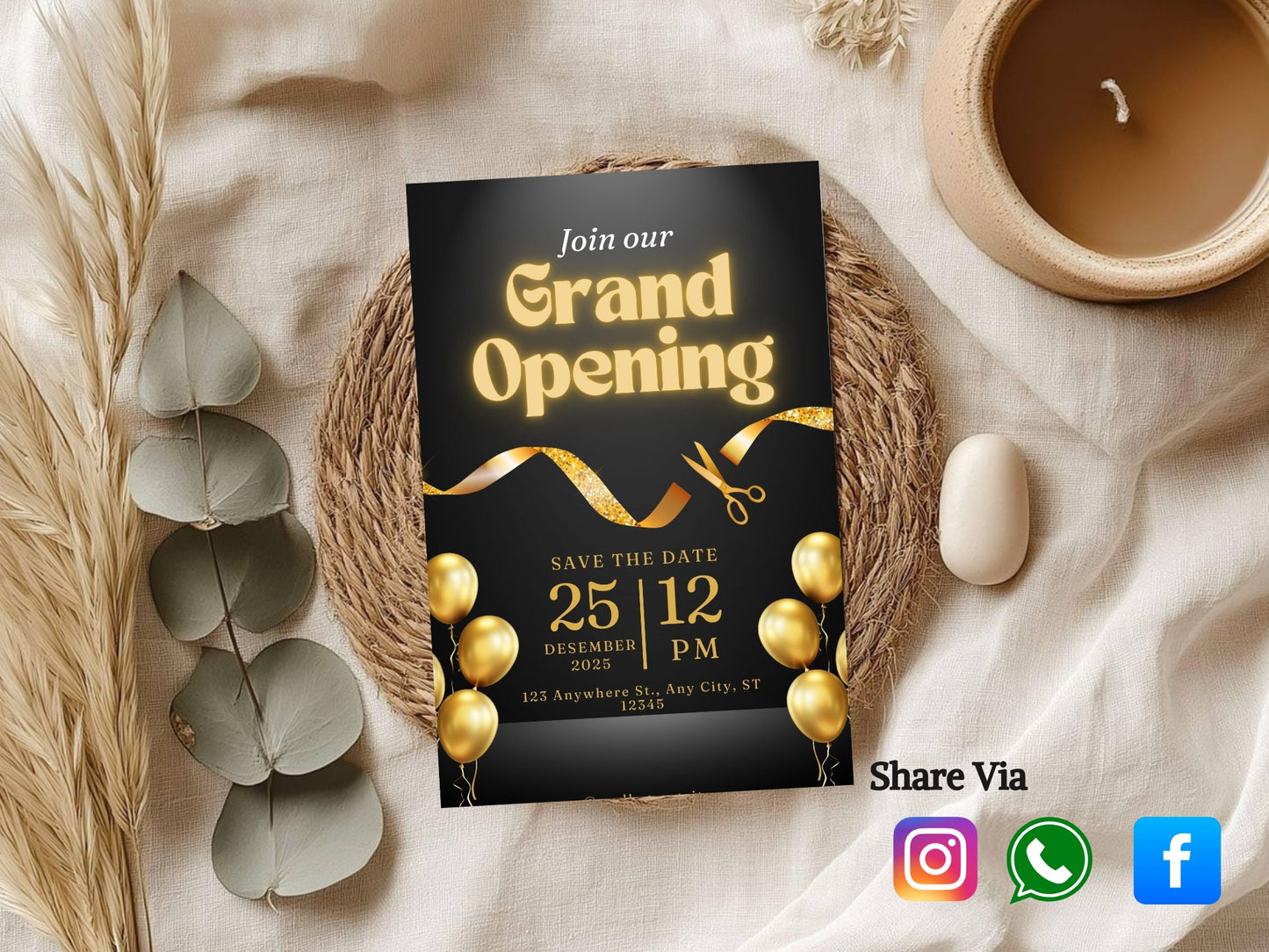 Dark Elegant Grand Opening Card Template | Luxury Black Modern Business Launch Invitation | Printable & Editable Design
