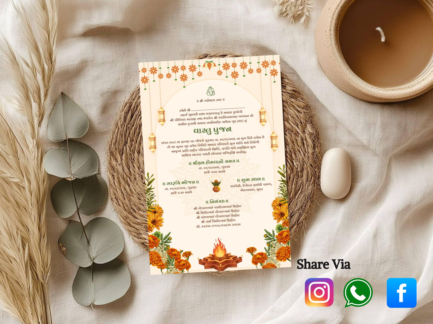 Traditional Floral Mandala Theme Vastu Pujan Invitation Card | Elegant Griha Pravesh Digital Invite