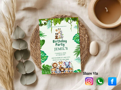 Animal Jungle Theme Birthday Invitation Card Design for Kids