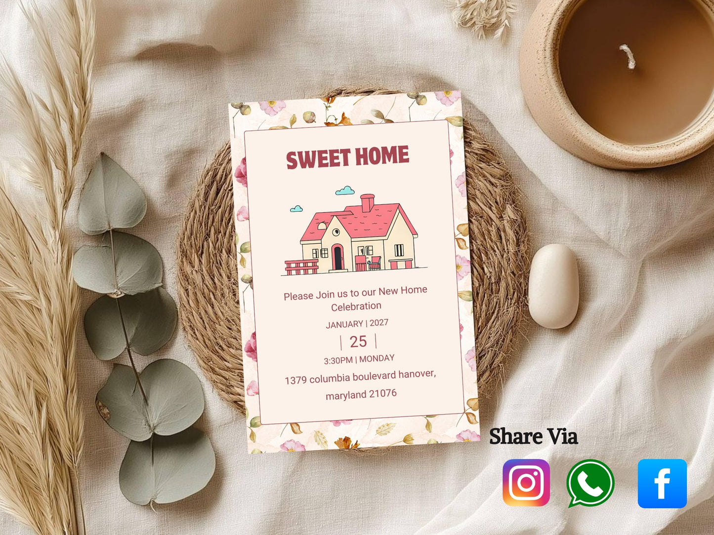 Cute Floral Housewarming Card – Sweet New Home Invitation – Printable Template