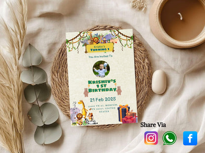 Jungle Theme Birthday Invitation Card - Wild Safari Kids Birthday Party Invite