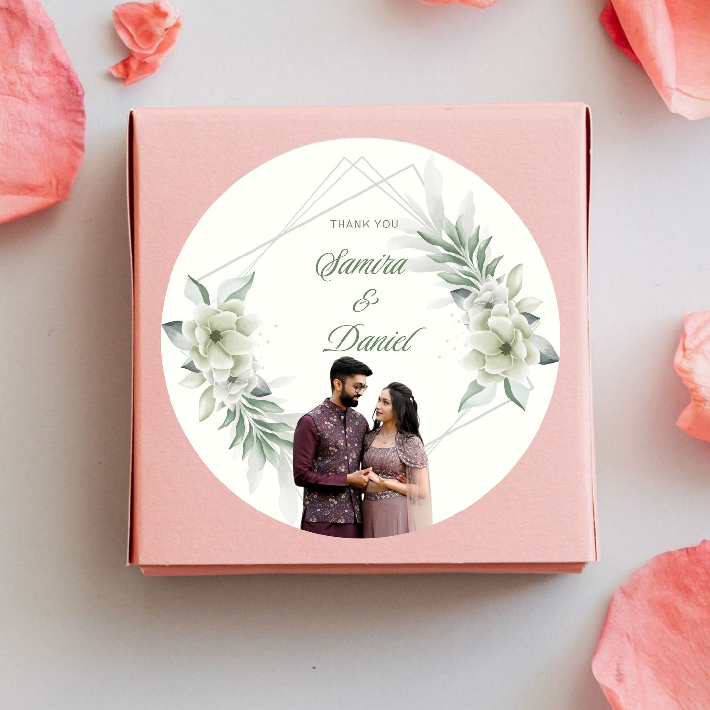 Green Floral Wedding Thank You Stickers – Custom Name & Date Labels