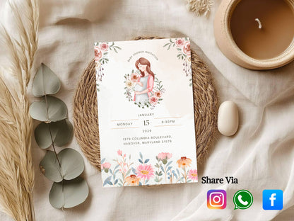 Minimal Floral Baby Shower Invitation Card Template | Editable Elegant Baby Shower Invite | Instant Download Printable