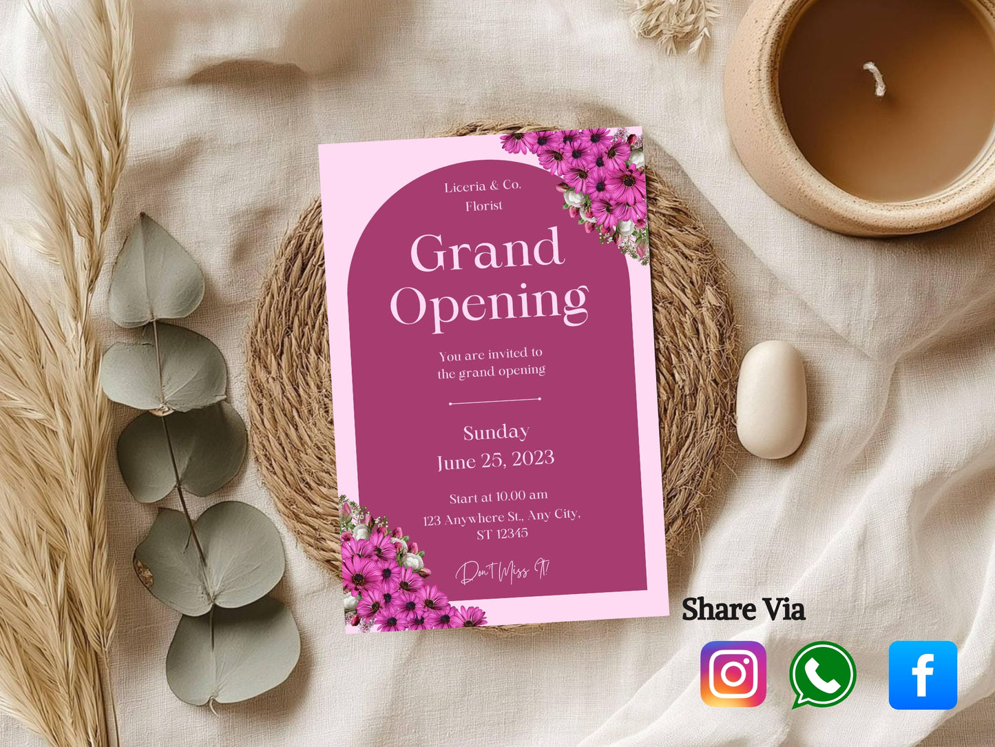 Beautiful Floral Grand Opening Card Template | Elegant Flower Business Launch Invitation | Printable & Editable Design
