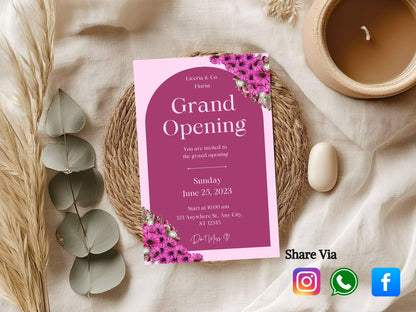 Beautiful Floral Grand Opening Card Template | Elegant Flower Business Launch Invitation | Printable & Editable Design