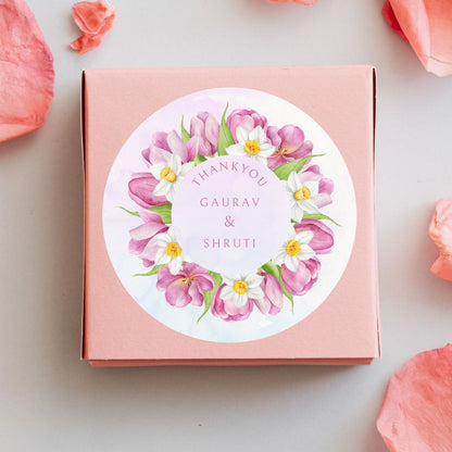 Pink Floral Wedding Thank You Stickers – Custom Name & Date Labels and Couple Pic