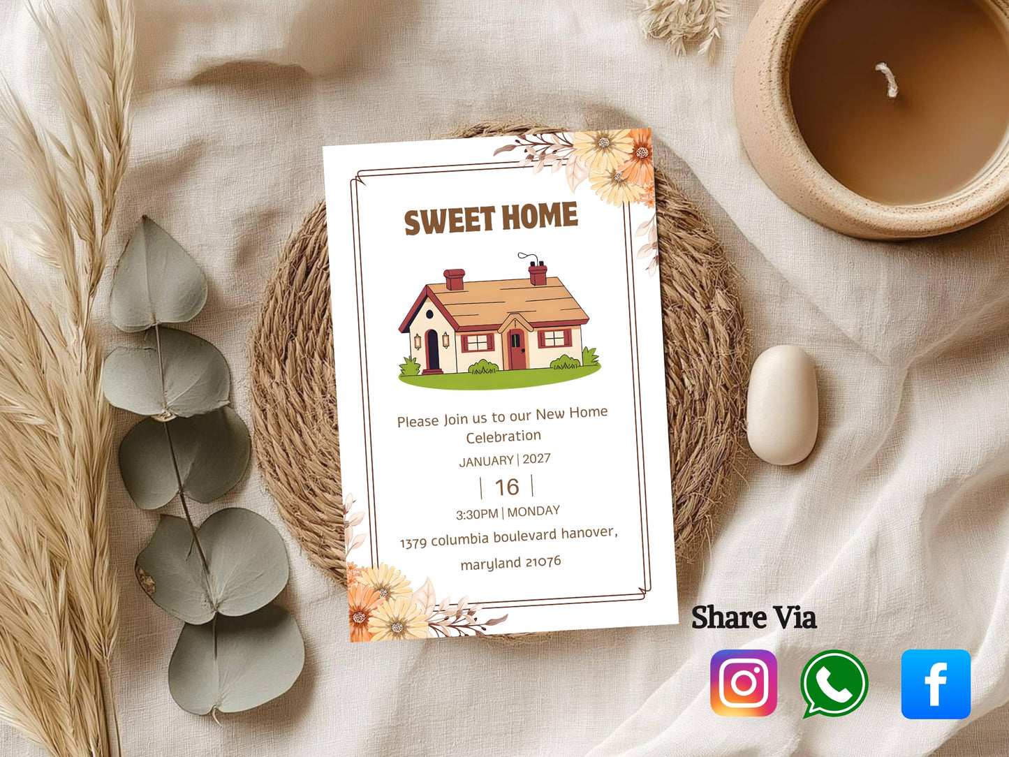 Elegant Floral Housewarming Card – Sophisticated New Home Invitation – Printable Template