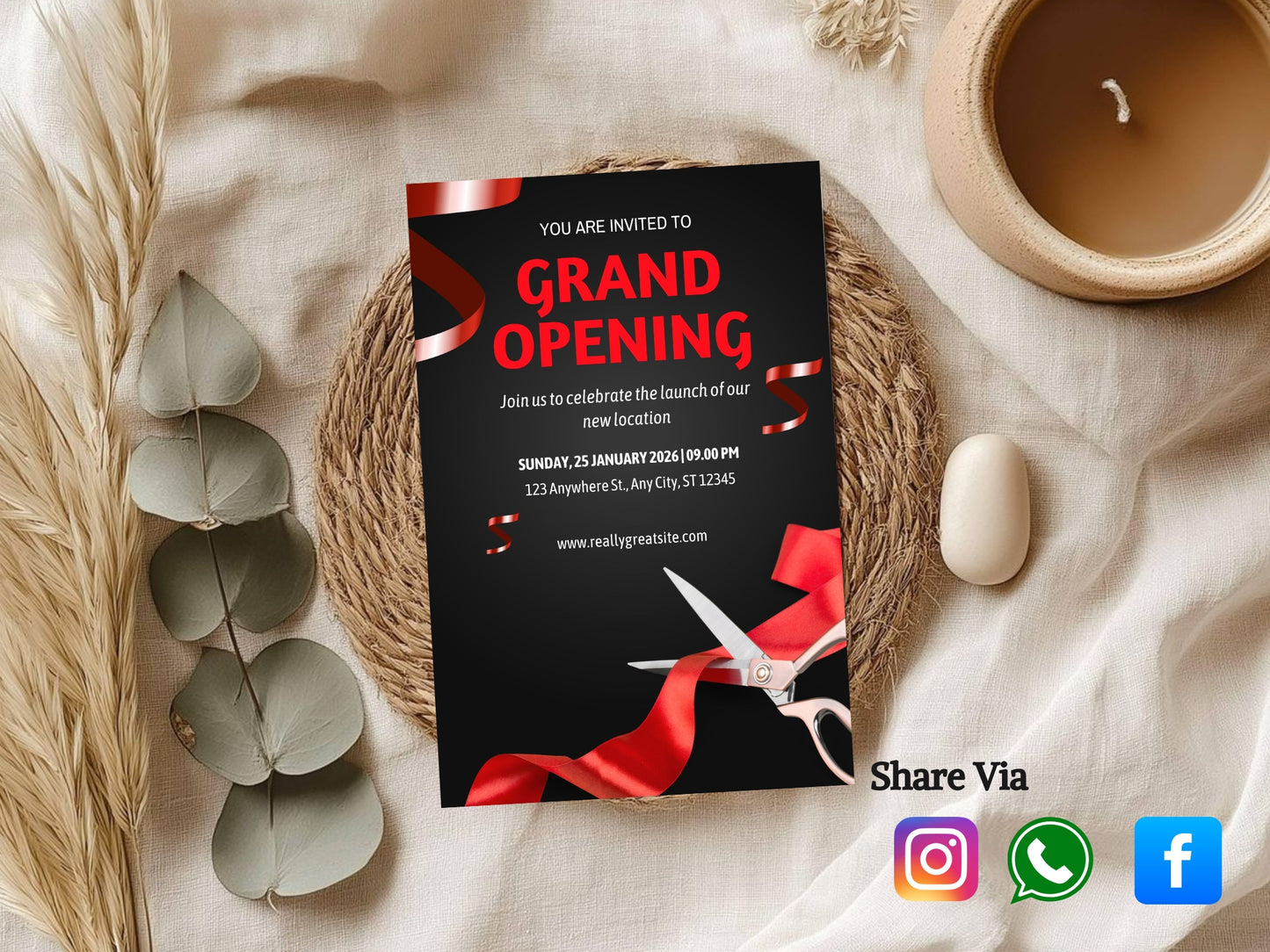 Dark Theme Grand Opening Card Template | Modern Black Elegant Business Launch Invitation | Printable & Editable Design