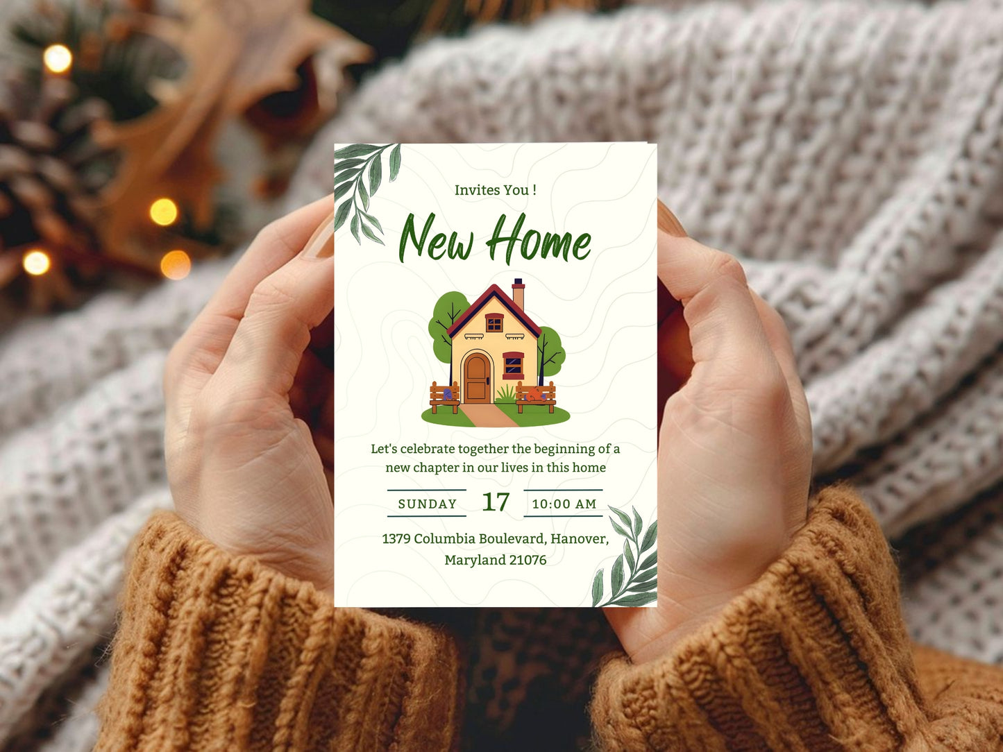 Floral Leaf Housewarming Card – Elegant Greenery New Home Invitation – Printable Template
