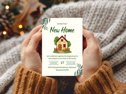 Floral Leaf Housewarming Card – Elegant Greenery New Home Invitation – Printable Template