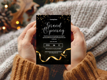 Dark Elegant Grand Opening Card Template | Luxury Black & Gold Business Launch Invitation | Printable & Editable Design