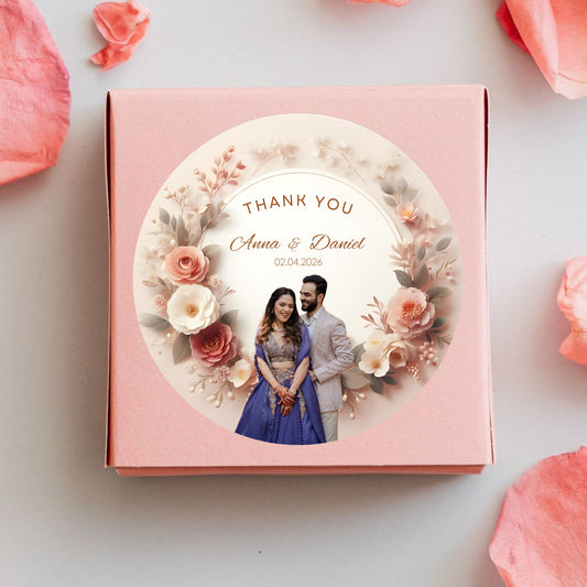 Golden Floral Wedding Thank You Stickers – Custom Name & Date Labels