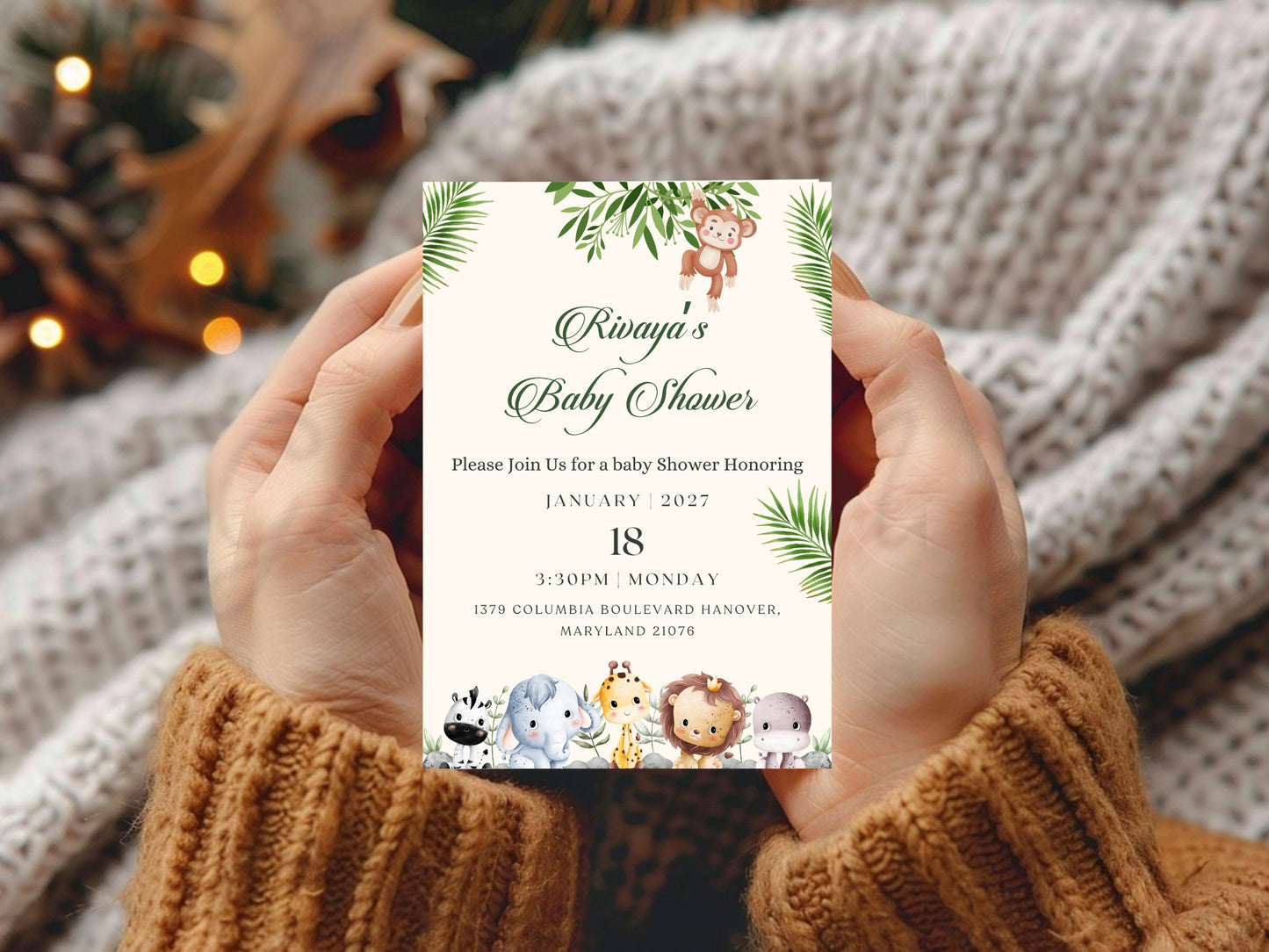 Cute Elegant Jungle Baby Shower Invitation – Safari Theme Baby Shower Card – Printable Template