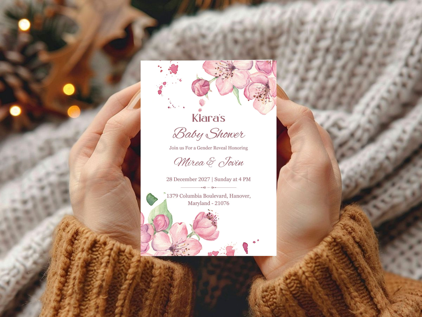 Pink Floral Baby Shower Invitation – Cute Elegant Flower Theme Invite – Printable Template