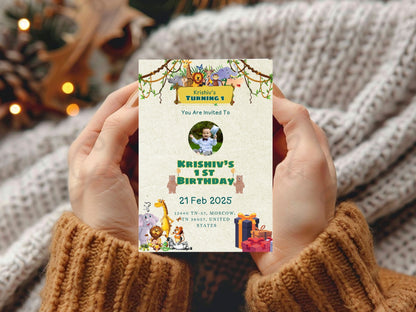 Jungle Theme Birthday Invitation Card - Wild Safari Kids Birthday Party Invite