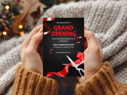 Dark Theme Grand Opening Card Template | Modern Black Elegant Business Launch Invitation | Printable & Editable Design