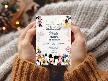 Mickey Mouse Birthday Invitation Card - Kids Cartoon Theme Party Invitation