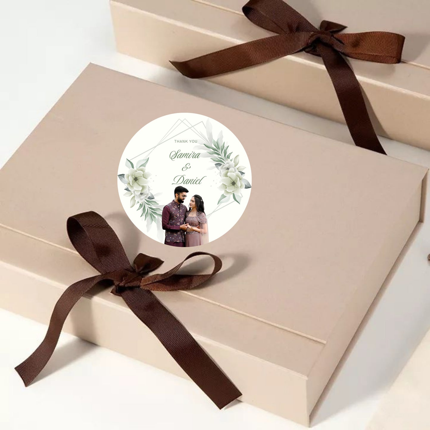 Green Floral Wedding Thank You Stickers – Custom Name & Date Labels