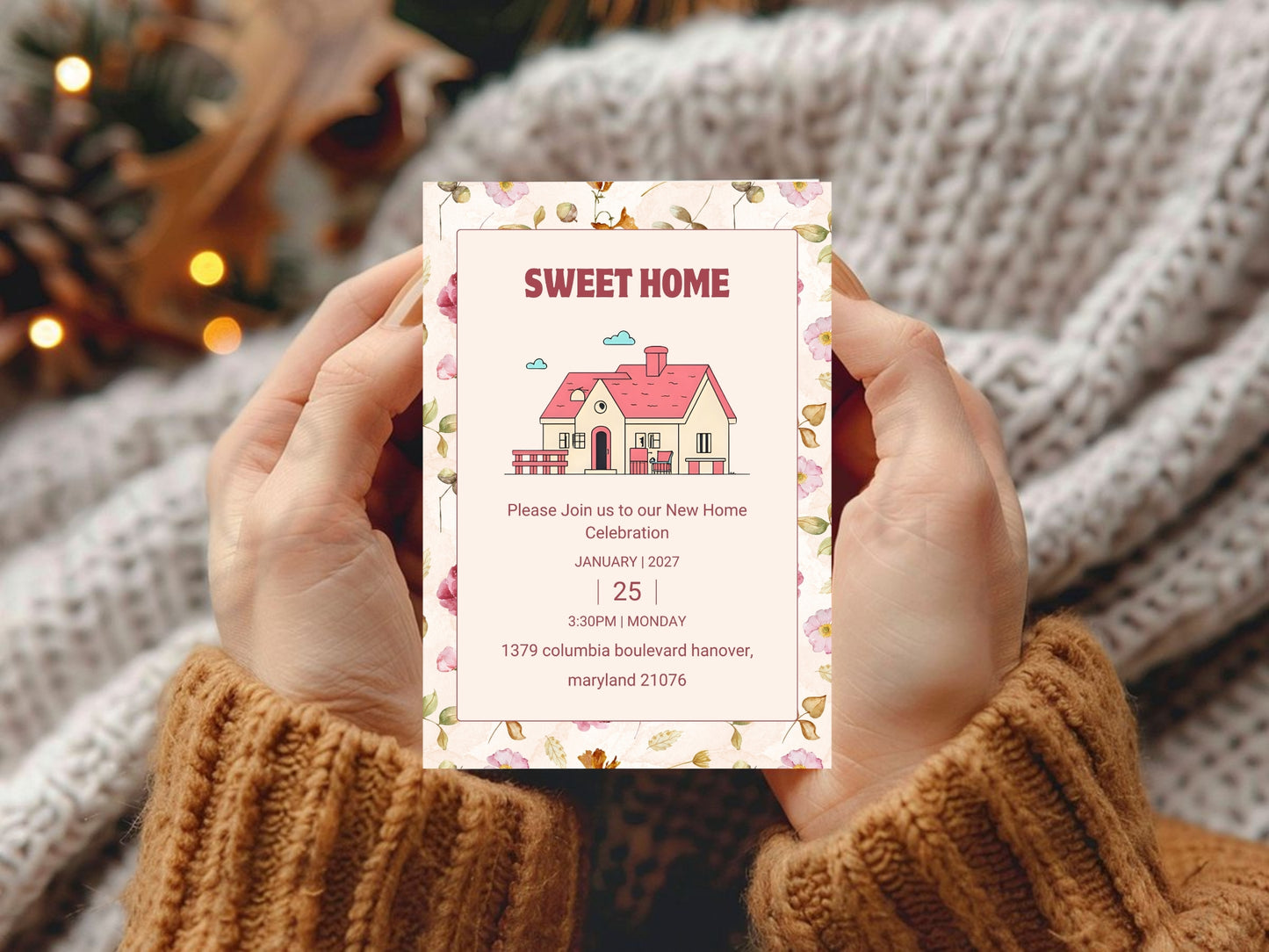 Cute Floral Housewarming Card – Sweet New Home Invitation – Printable Template