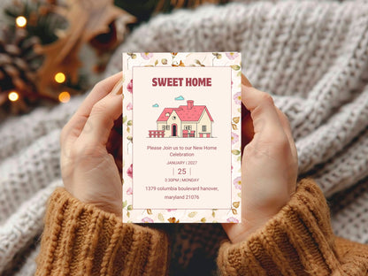 Cute Floral Housewarming Card – Sweet New Home Invitation – Printable Template
