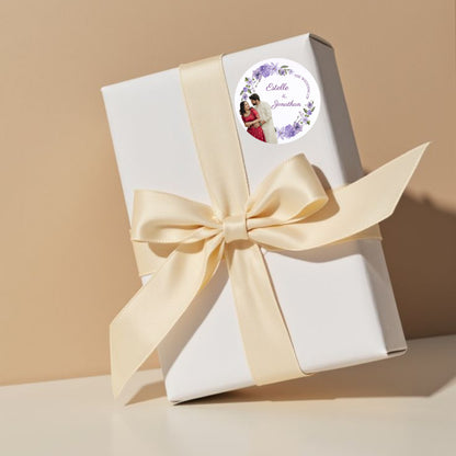 Purple Floral Wedding Thank You Stickers – Custom Name & Date Labels