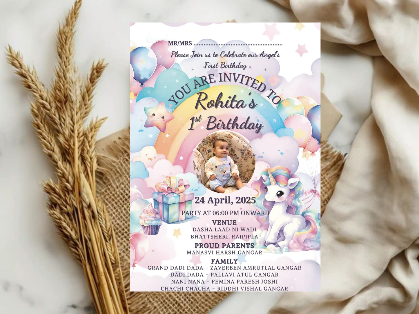 Unicorn Birthday Card Invitation Design for Kids